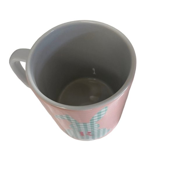 Hallmark Mug Cup Pink Rabbit Green Gingham Plaid R Initial Monogram 4" x 3 1/2" - Picture 6 of 6